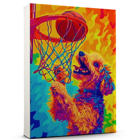 Barbet Dog Stretched Canvas Size 8x12 Basketball Canvas – Cute Barbet Canvas Wall Art of Puppy Playing Basketball, Perfect for Dog and Sports Fans