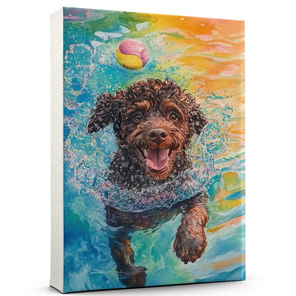 Barbet Vintage Dog Swimming Canvas – Artistic Sports, Barbet Dog with Swimming Stretched Canvas Size 8x12 Wall Print for Bedroom, Living Room, Office