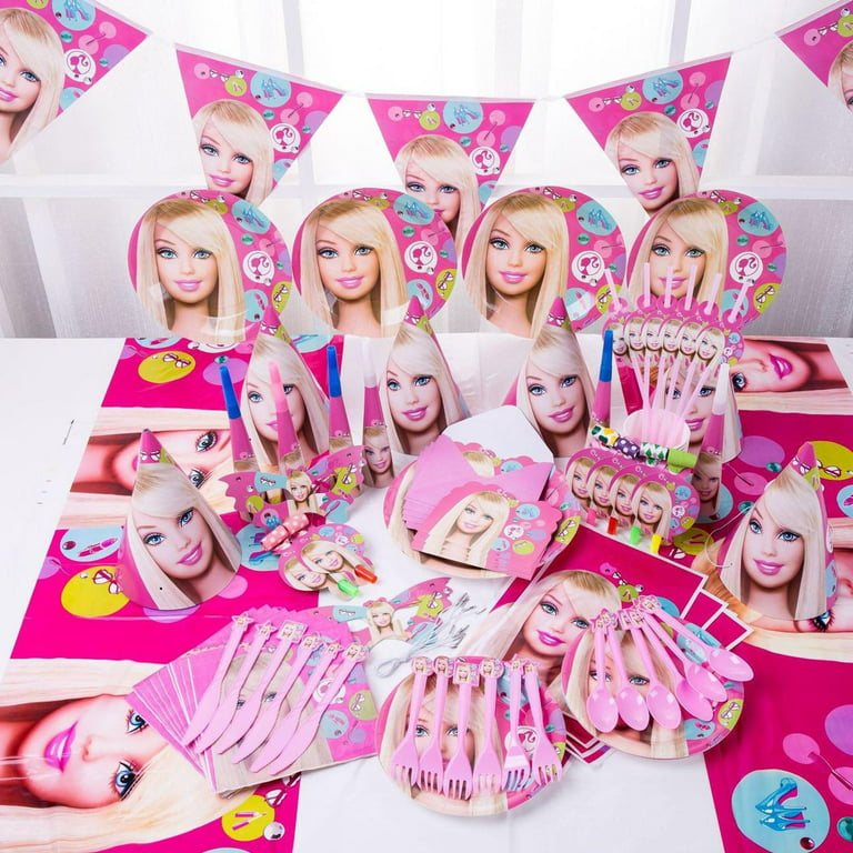 Barbi Pink Plates DOLL Party Set, Birthday Party Supply, Kids Party Set  90pcs (Color:Barbie)(Color:Dream House) Barbie Party Supplies , big pack  all