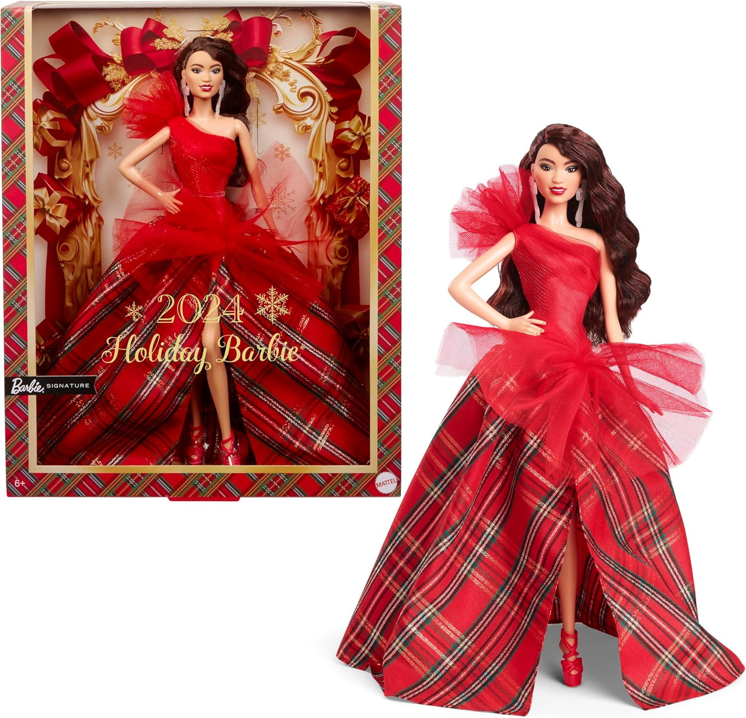 Barbie 2024 Holiday Barbie Dolls, Seasonal Collector Toy, Barbie Signature, Plaid Gown with Red Bow, Displayable Packaging, Dark Brown Hair Exclusive