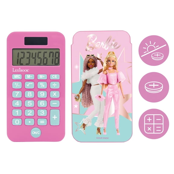Lexibook, Mattel Barbie, Barbie Pocket Calculator with Protection Cover, Conventional and Advanced Calculator Functions, battery and solar-powered, Pink, C45BB