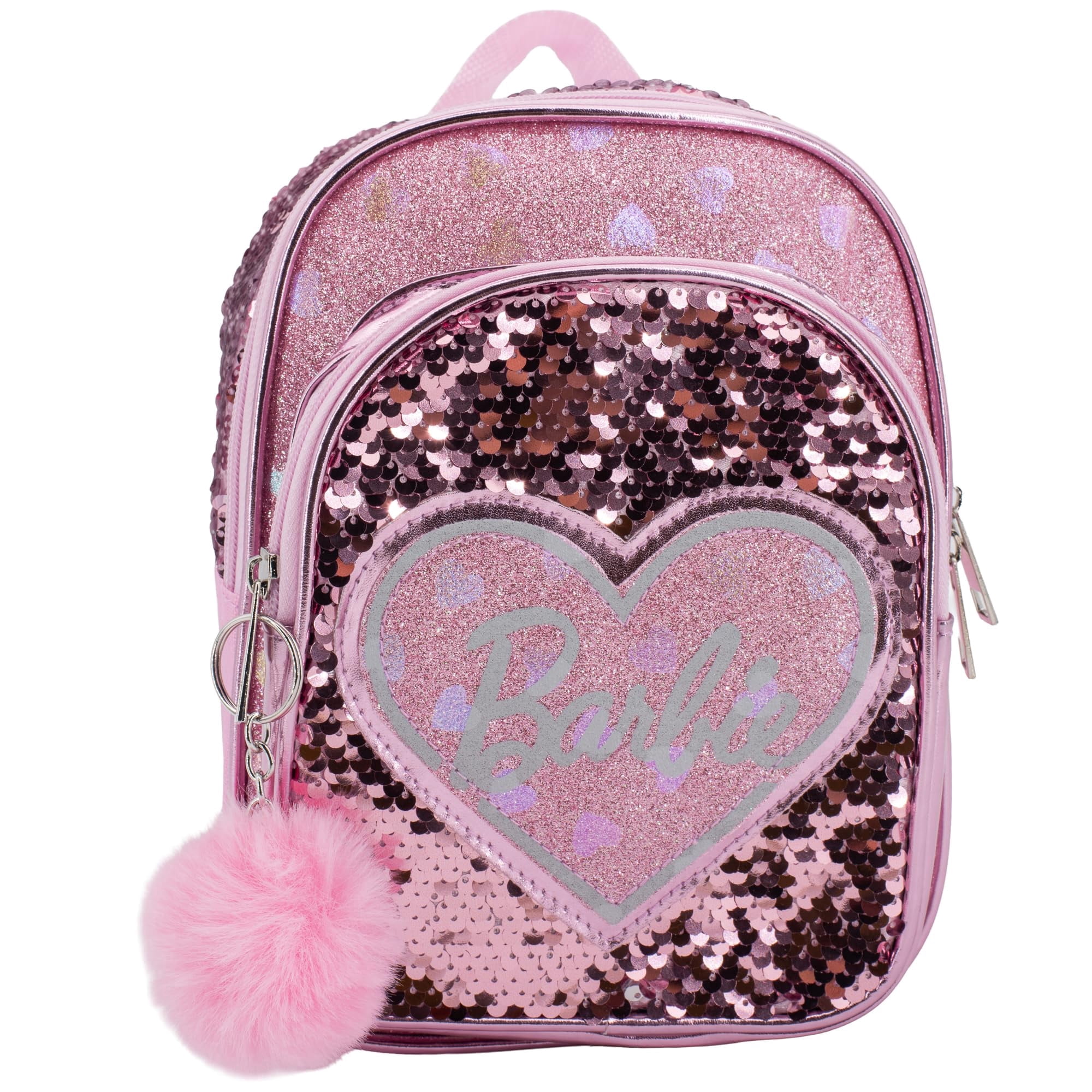 Barbie 9” Micro Mini Backpack Purse Featuring a 3D Heat Logo Patch, Sequins & Glitter PU, & Pompom Dangle, Pink