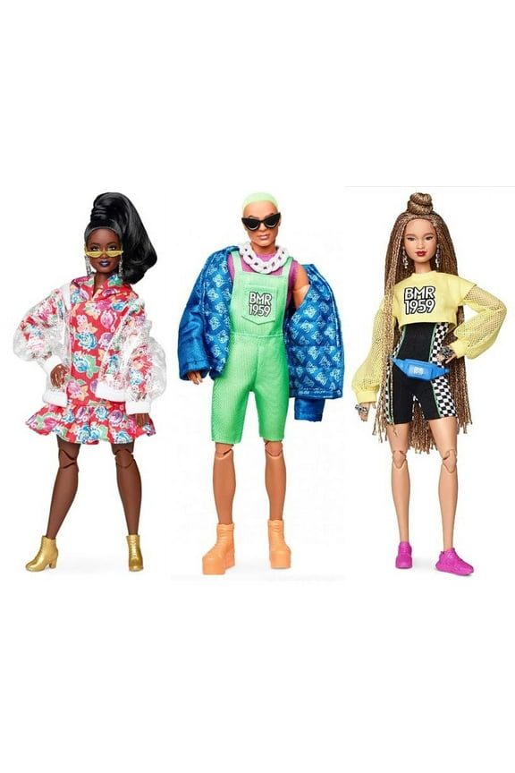 BMR 1959 Poseable Retro Dolls - One of Each- Bike Shorts & Romper, Neon Overall & Puffer Jacket, Vinyl Bomber Jacket, GHT94, GHT91, GHT96 - SET of 3