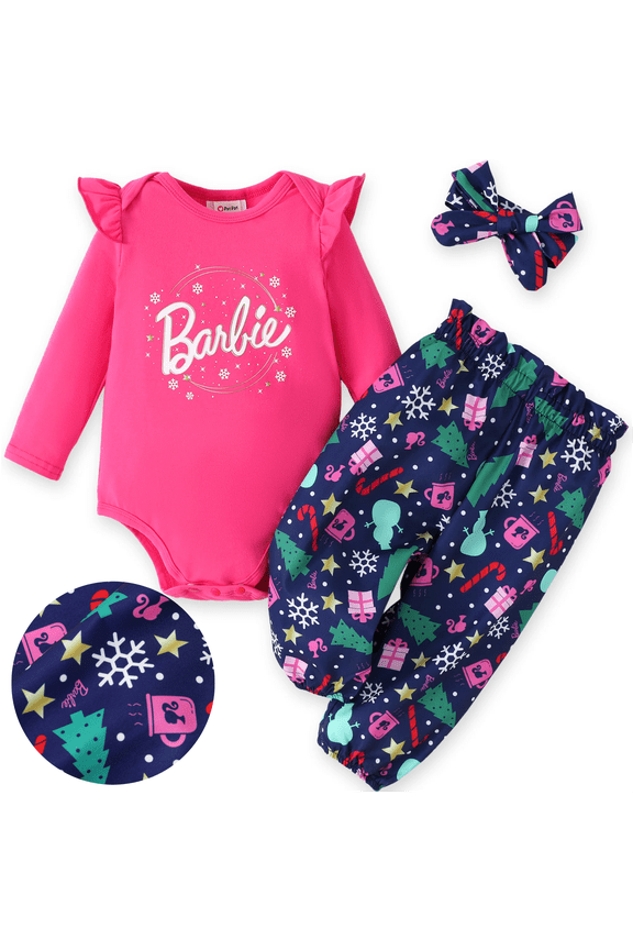 Baby Girl Clothes 3Pcs Christmas Ruffle Long Sleeve Romper And Graphic Pants Set With Headband Newborn Outfits Sizes 0/3-18M