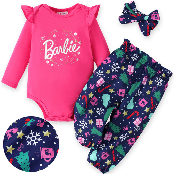 Barbie Baby Girl Clothes 3Pcs Christmas Ruffle Long Sleeve Romper And Graphic Pants Set With Headband Newborn Outfits Sizes 0/3-18M