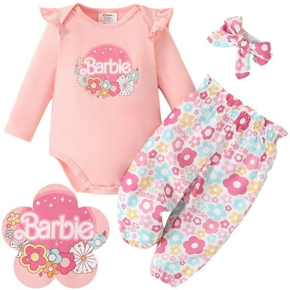 Barbie Baby Girl Clothes 3Pcs Ruffle Long Sleeve Romper And Floral Pants Set With Headband Newborn Outfits Gift Set Sizes 0/3-18M