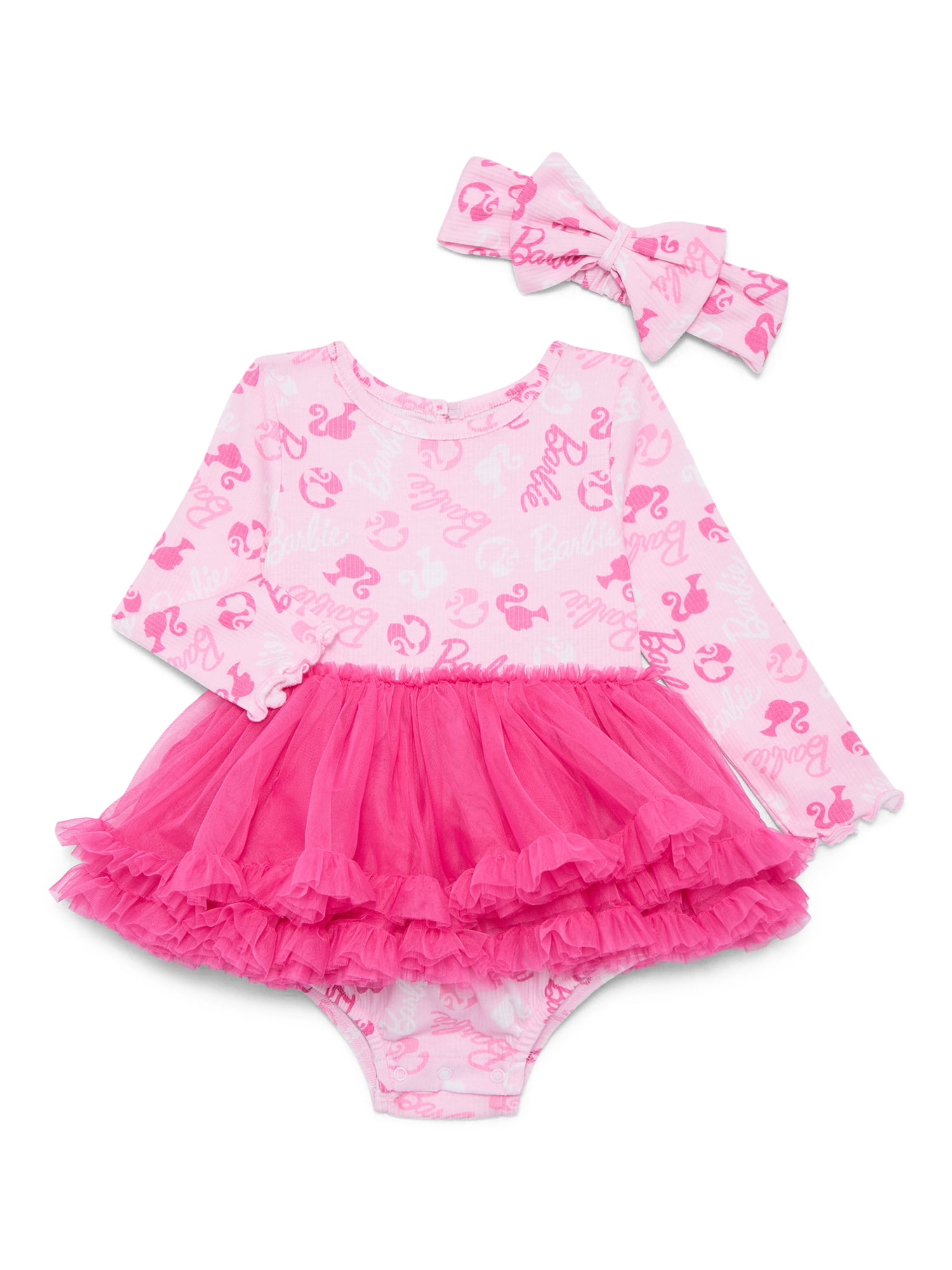 Barbie Baby Girls Tutu Dress Bodysuit with Matching Headband Set, 2 Piece, Newborn-24M