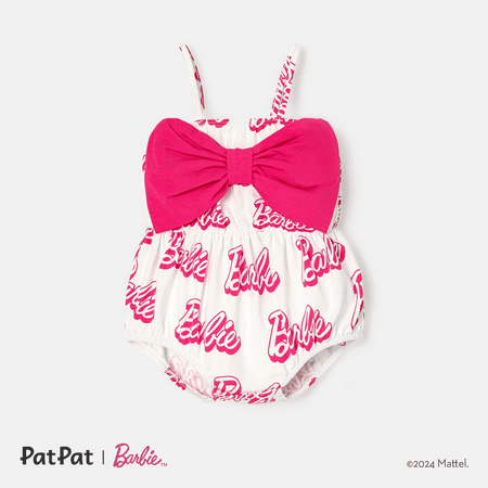 Barbie Baby Girls 1pc 95% Cotton Allover Letter Print Bow Front Cami Romper Size 0-24 Months