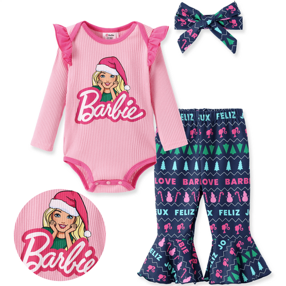 Barbie Baby Girls 3pcs Christmas Outfit Set Santa Graphic Long Sleeve Bodysuit Flare Pants And Headband 12-18 Months