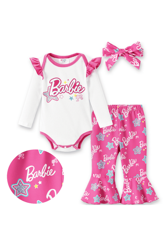 Baby Girls Clothes 3pcs Set Graphic Long Sleeve Ruffle Romper Bell Bottom Pants And Headband Star Print Pink Outfit 3-6 Months