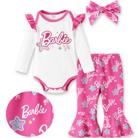 Barbie Baby Girls Clothes 3pcs Set Graphic Long Sleeve Ruffle Romper Bell Bottom Pants And Headband Star Print Pink Outfit 3-6 Months