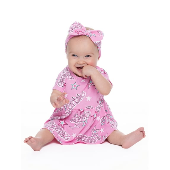 Barbie Baby Girls Print Dress with Diaper Cover and Bow Headband Set, 3-Piece, Sizes 0/3M-24M