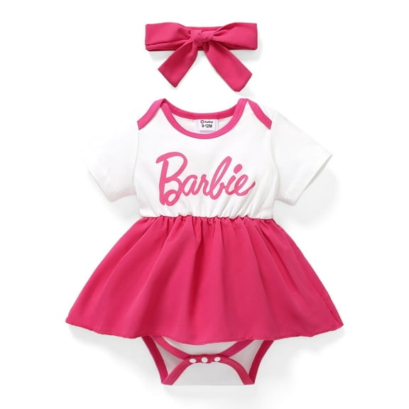 Barbie Baby Girls Romper Crewneck Letter Print Short Sleeves Onesi with Headband Sizes 12-18M