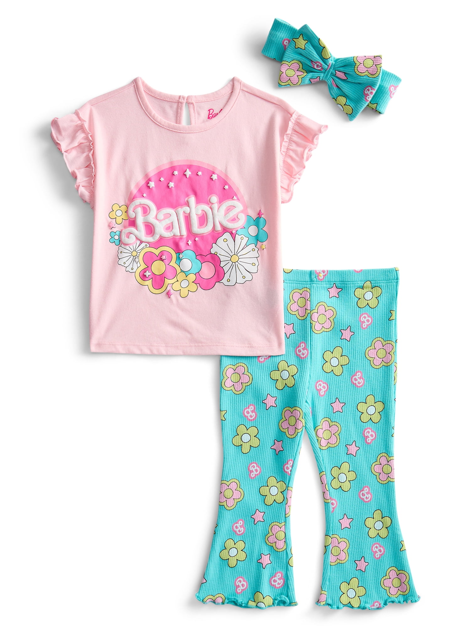 Barbie Baby Girls Ruffle Top and Flare Leggings with Bow Headband Set, 3-Piece, Sizes 0/3M-24M