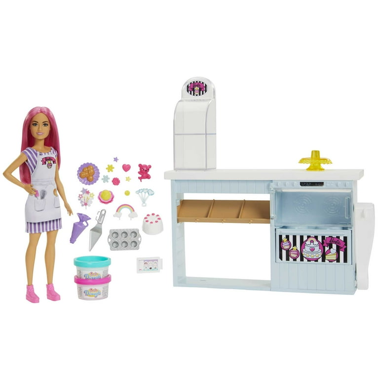 Barbie Bakery Doll 20 Accessories Pink Haired Petite Doll Baking Station Cake Making Toys