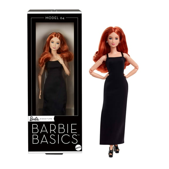 Barbie Basics Collectible Doll, Model 04 with Red Curly Hair, Black Dress & Platform Heels