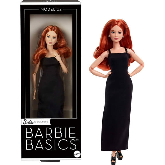 Barbie Basics Model 04 Collector Doll with Red Curly Hair, Black Mini Dress & platform shoes, Universal-fit Fashions, Posable Petite Body & Swappable Doll Head