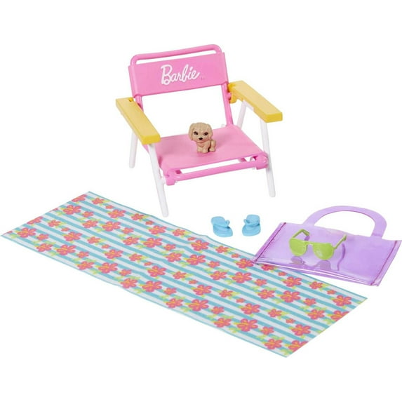 Barbie Beach Accessory Pack with 6 Storytelling Pieces Including Pet Puppy & Beach Chair