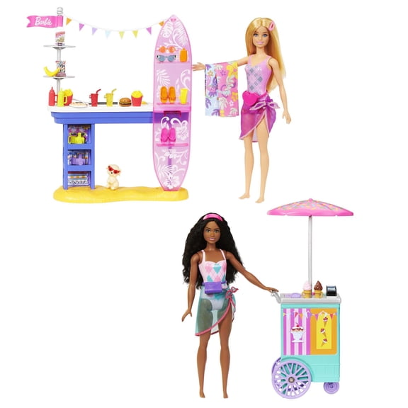 Barbie Beach Boardwalk Playset with Barbie Brooklyn & Malibu Dolls, 2 Stands & 30+ Accessories