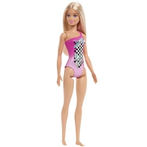 Barbie Beach Doll in Pink Checkered Swimsuit with Straight Blonde Hair