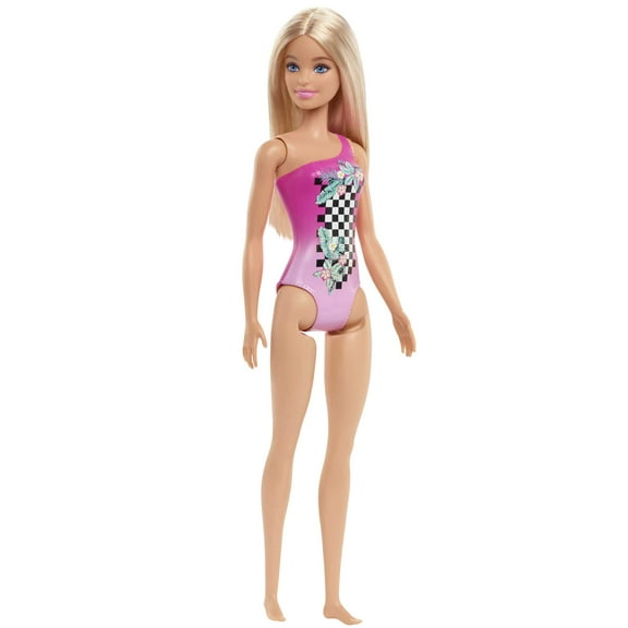 Barbie Beach Doll in Pink Checkered Swimsuit with Straight Blonde Hair