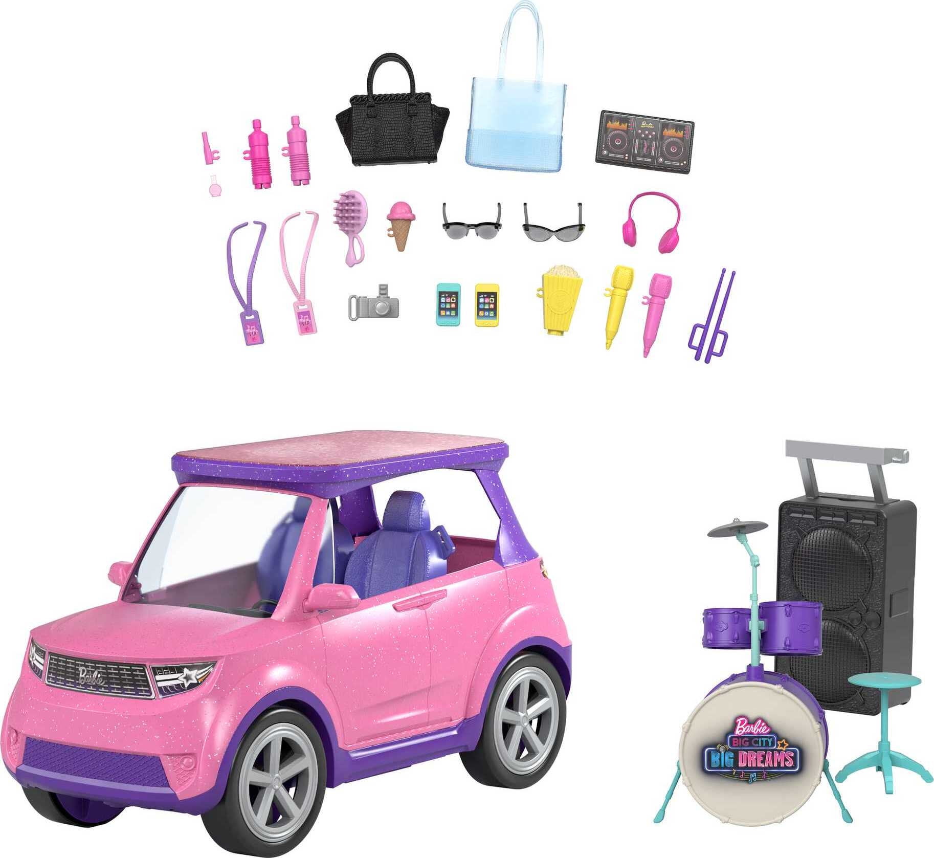 Barbie Big City Big Dreams Vehicle, Transforming Pink & Purple Car with  Drum Kit & Accessories