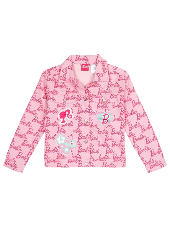 Big Girls' Long Sleeve Fashion Denim Jacket with Patch Appliques Pink Allover Logo Print with Barbie Ponytail and Heart Patches