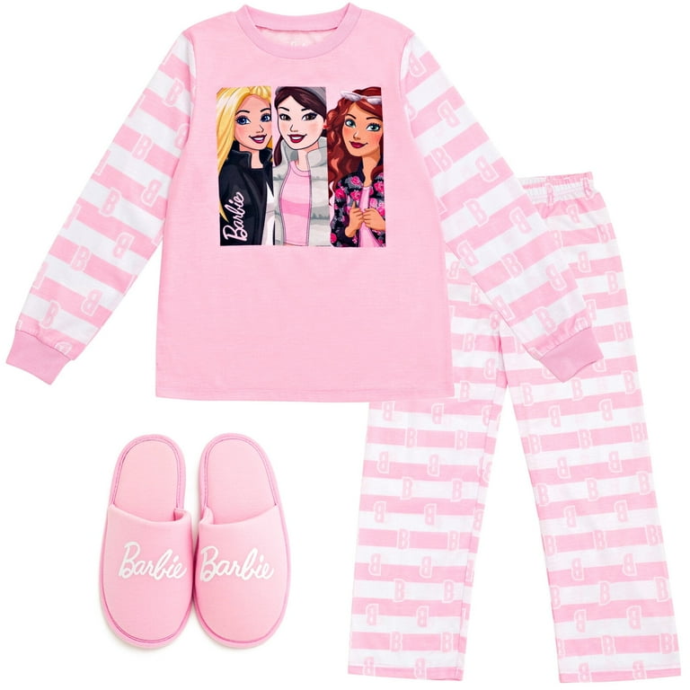 Barbie Big Girls Pajama Sleep Set and Slippers 3 Piece Little Kid to Big Kid