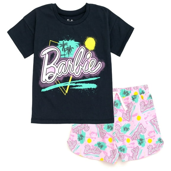 Barbie Big Girls T-Shirt and French Terry Shorts Outfit Set Toddler to Big Kid