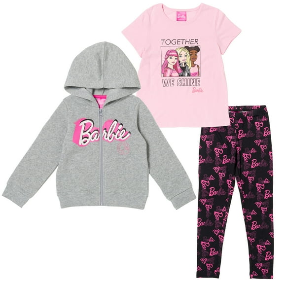 Barbie Big Girls Zip Up Fleece Hoodie T-Shirt and Leggings 3 Piece Outfit Set Little Kid to Big Kid