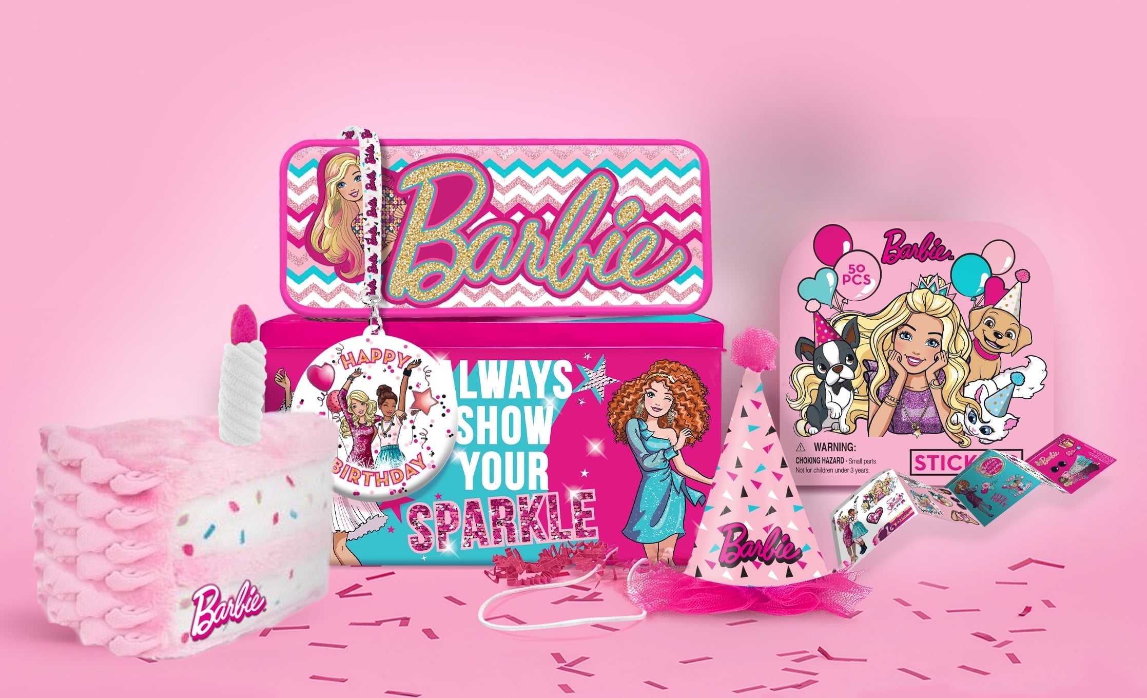 Barbie Birthday Party Gift Set - Tin Box, Tin Pencil Case, Stickers, Birthday Necklace, Plush, and Birthday Hat