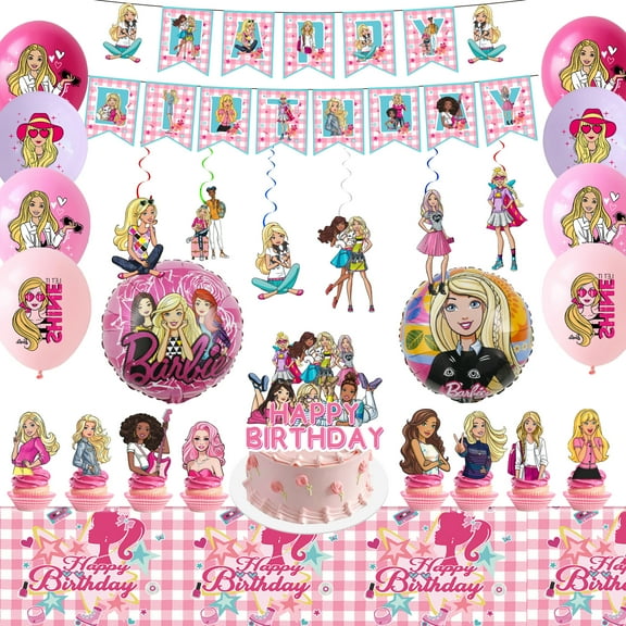 Barbi Birthday Party Supplies, Barbi Princess Party Decorations Set- Princess Barbi Birthday Decorations Banner Tablecloth & Barbi Balloons Cake Toppers etc Barbi Theme Party Supplies