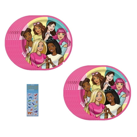Barbie Birthday Party Supplies Bundle includes 16 Lunch Paper Plates and 1 Dinosaur Sticker Sheet