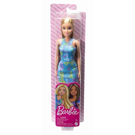 Barbie Blonde Doll with Logo Print Blue Dress New with Tag