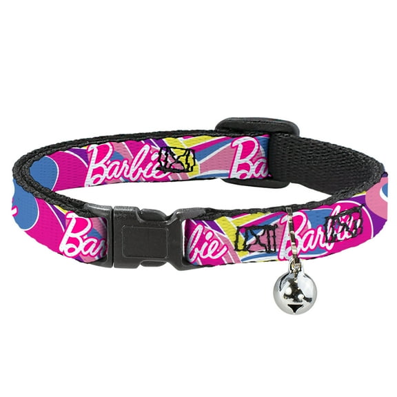 Barbie Breakaway Cat Collar With Bell, Plastic Clip, Easy Adjustable, Barbie Script Signature Logo Abstract Multi Color White, 8.5 to 12 Inches 0.5 Inch Wide
