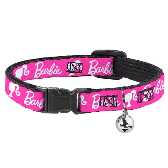 Barbie Breakaway Cat Collar With Bell, Plastic Clip, Easy Adjustable, Barbie Script Signature Logo and Silhouette Hot Pink White, 8.5 to 12 Inches 0.5 Inch Wide