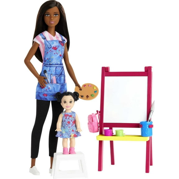 Barbie Career Art Teacher Playset with Brunette Doll, Toddler Doll and Toy Art Pieces