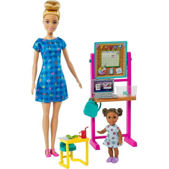 Barbie Careers Doll & Playset, Teacher Theme with Blonde Fashion Doll, 1 Brunette Toddler Doll, Furniture & Accessories