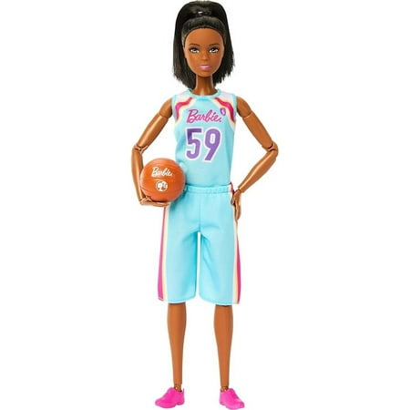 Barbie Careers Fashion Doll & Accessories, Made to Move Brunette Basketball Player Wearing Removable Uniform with Ball, 22 Bendable Joints