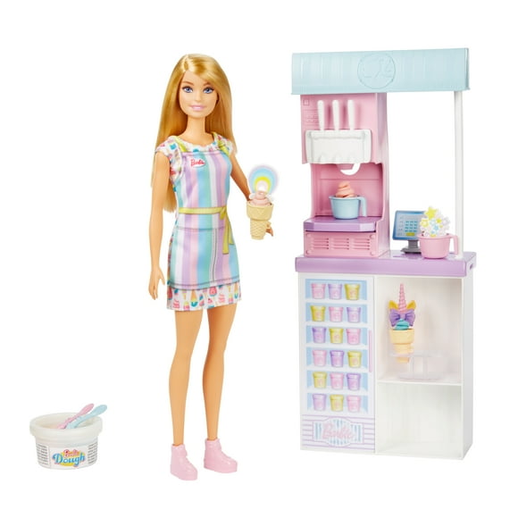 Barbie Careers Ice Cream Shop Playset with Blonde Doll, Ice Cream Machine, Molds, Dough, Accessories