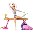 thumbnail image 1 of Barbie Careers Playset, Gymnastics Set with Blonde Gymnast Fashion Doll, C-Clip for Flipping Action, Balance Beam, Warm-Up Suit & Accessories, 1 of 4