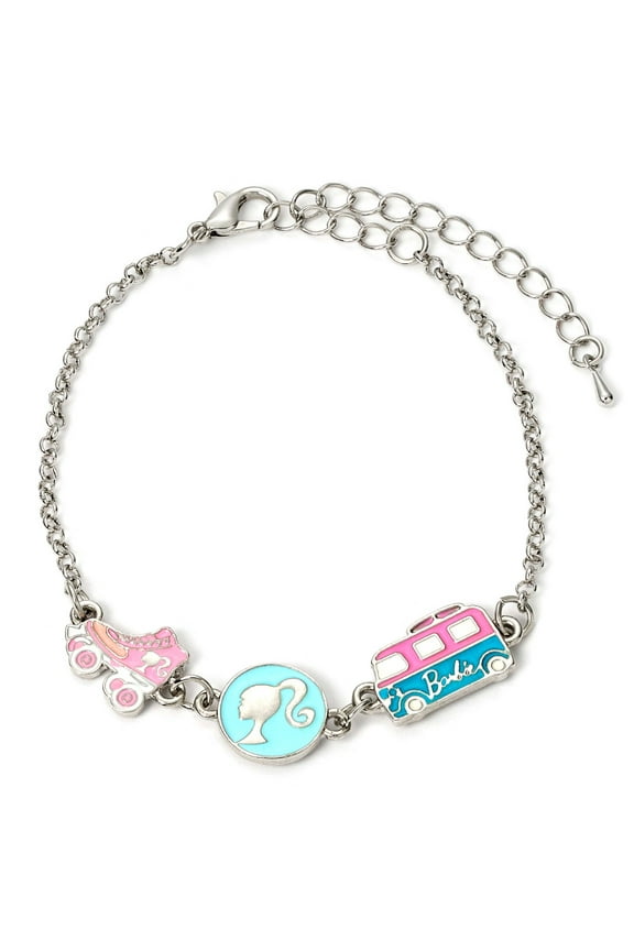 Barbie Charm Bracelet with three enameled Charms - Silhouette, Skate, & Camper van