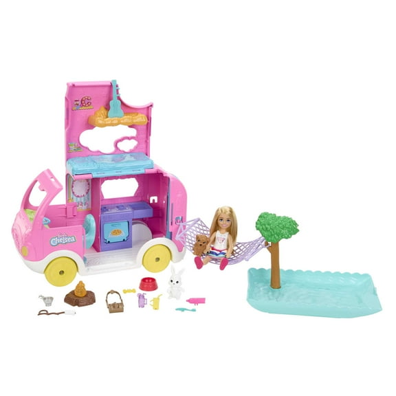 Barbie Chelsea 2-in-1 Camper Playset with Chelsea Small Doll, 2 Pets & 15 Accessories