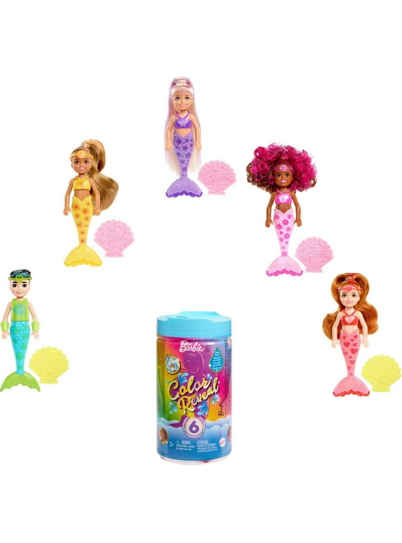 Barbie Chelsea Color Reveal Rainbow Mermaid Series Small Doll with 6 Surprises & Color Change