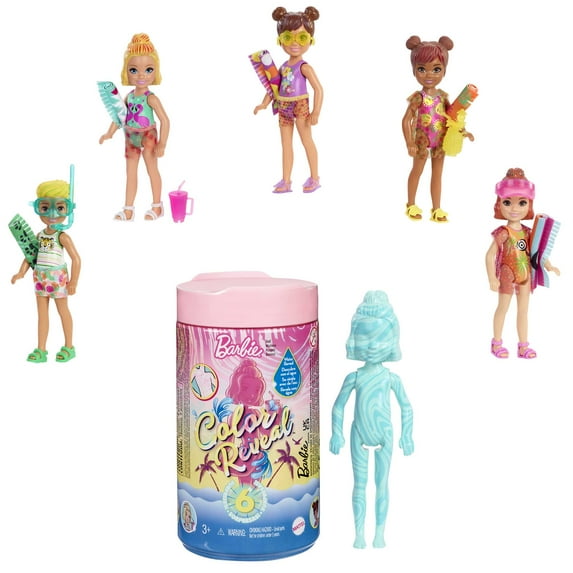 Barbie Chelsea Color Reveal Sand & Sun Series Small Doll with 6 Surprises, Color Change, Marble Blue