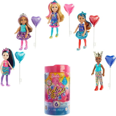 Barbie Chelsea Color Reveal Small Doll with Confetti Print & Accessories, 6 Surprises, Color Change