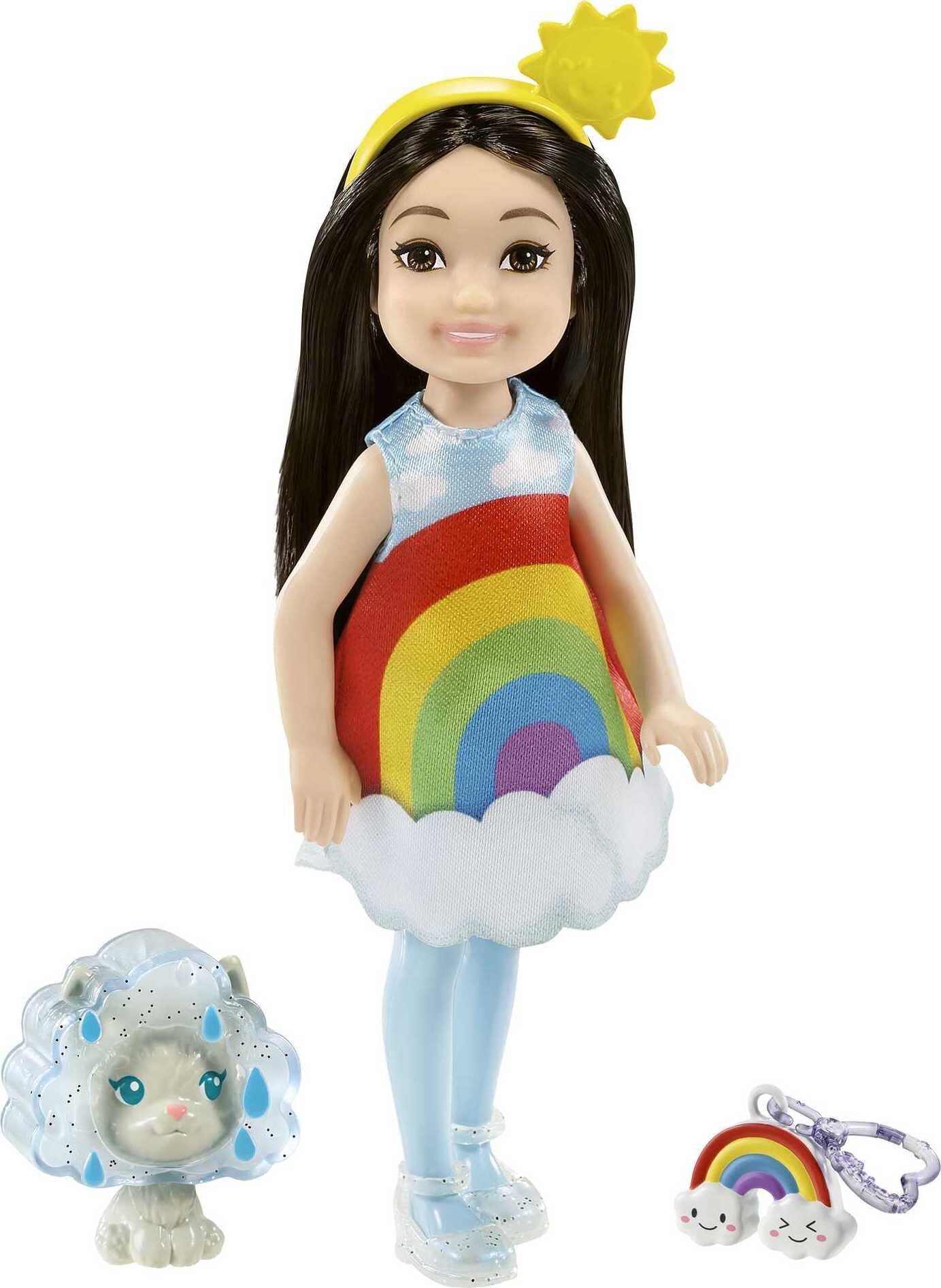 Barbie Chelsea Doll, Brunette Small Doll with Rainbow Costume, Pet