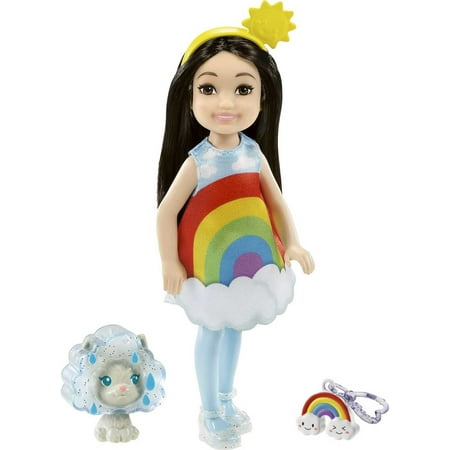 Barbie Chelsea Doll, Brunette Small Doll with Rainbow Costume, Pet Kitten, Charm & Accessories