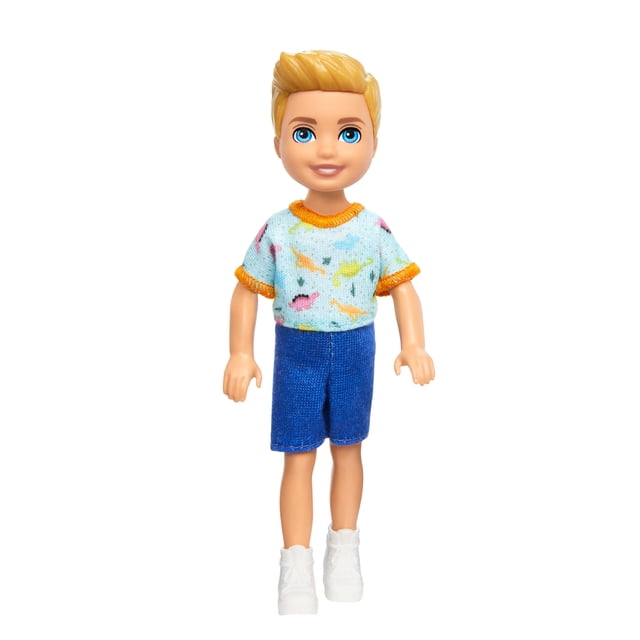 Barbie Chelsea Doll, Small Boy Doll Wearing Removable One-Piece with Dino Print, Blond Hair & Blue Eyes