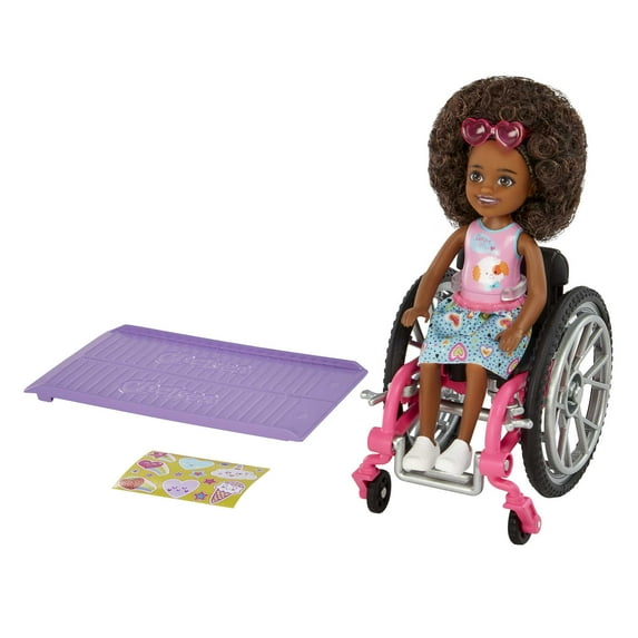 Barbie Chelsea Doll & Wheelchair with Ramp, Stickers & Accessories, Small Doll with Curly Brown Hair